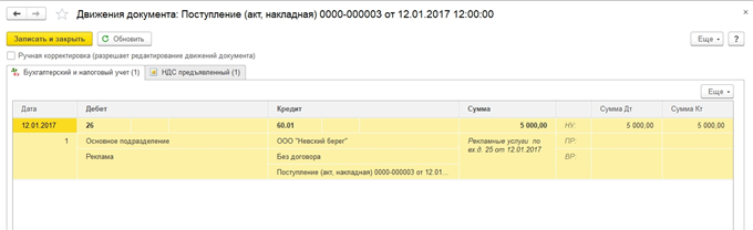 Поскольку тип расходов указывает на нормируемые рекламные расходы, в расходы будет списана сумма, не превышающая 1% от выручки