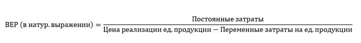 Формула расчета точки безубыточности в единицах продукции
