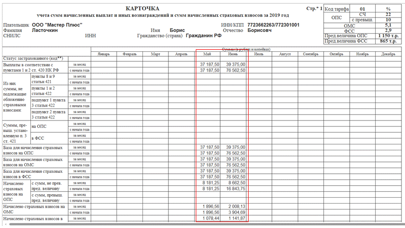 Карточка учета страховых взносов после объединения