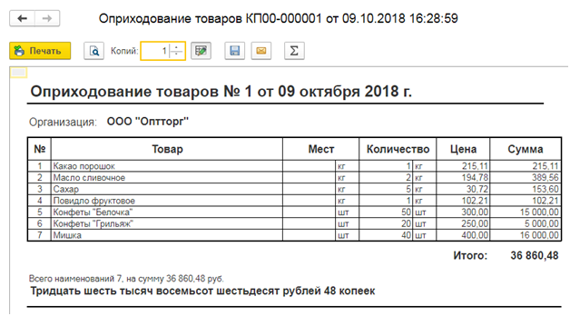 Акт оприходования материалов образец