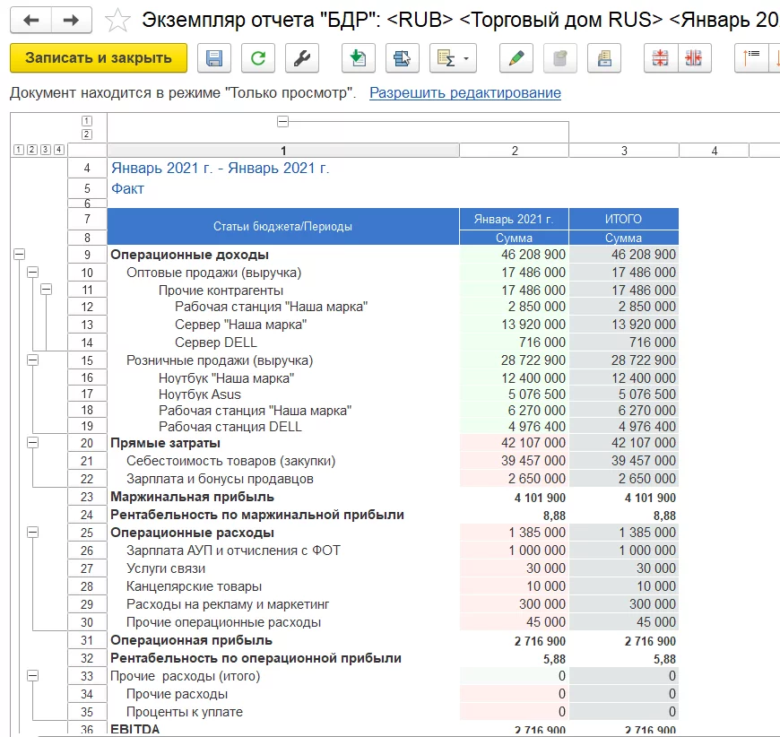 Отчет БДР в 1С:УХ - планирование инвестпроектов