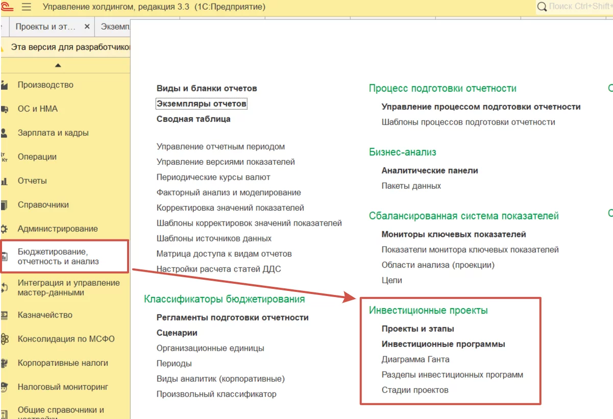 Инвестиционные проекты - 1С:Управление холдингом