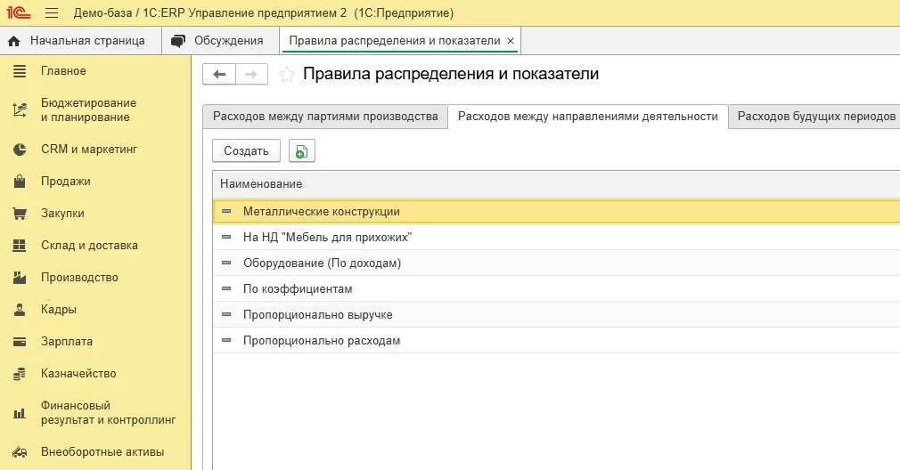 Настройка распределения расходов между направлениями деятельности в 1С:ERP
