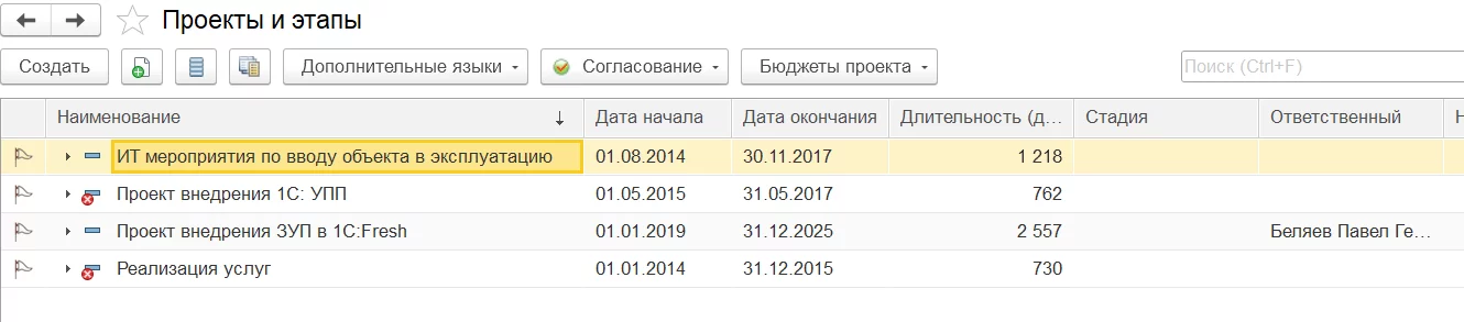 Список инвестиционных проектов в 1С УХ