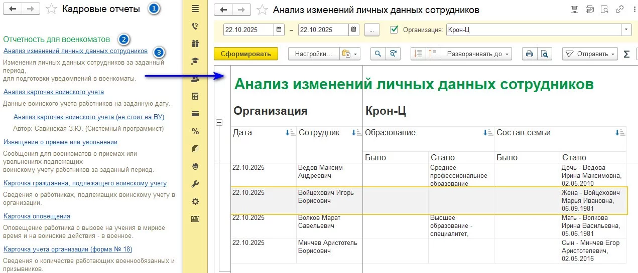 Отчетность для военкоматов - Анализ изменений личных данных сотрудников